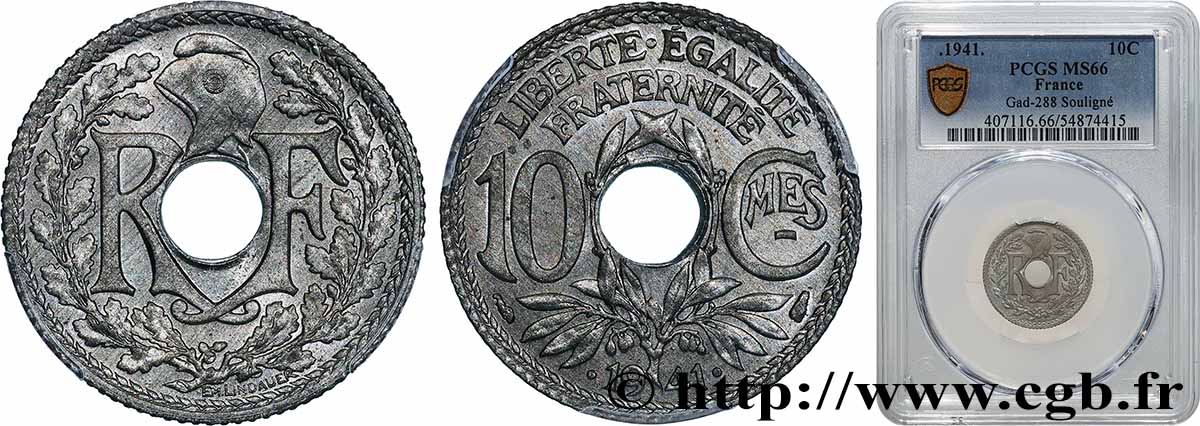 10 centimes Lindauer en zinc, Cmes souligné et millésime avec points 1941  F.140/2 MS66 PCGS