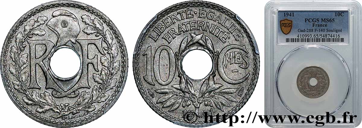 10 centimes Lindauer en zinc, Cmes souligné et millésime sans points 1941  F.140/1 FDC65 PCGS