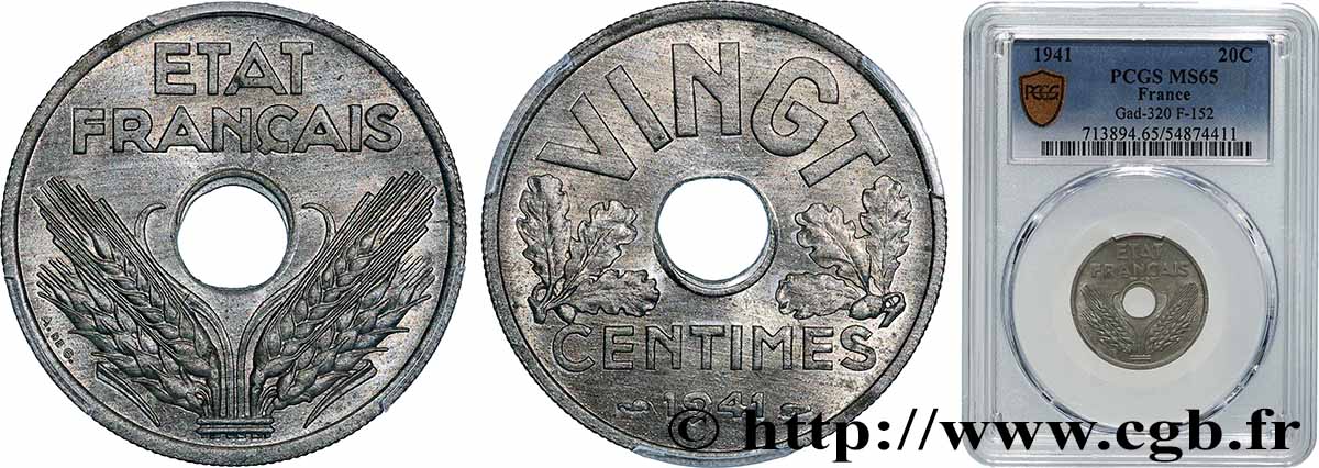 VINGT centimes État français 1941  F.152/2 FDC65 PCGS
