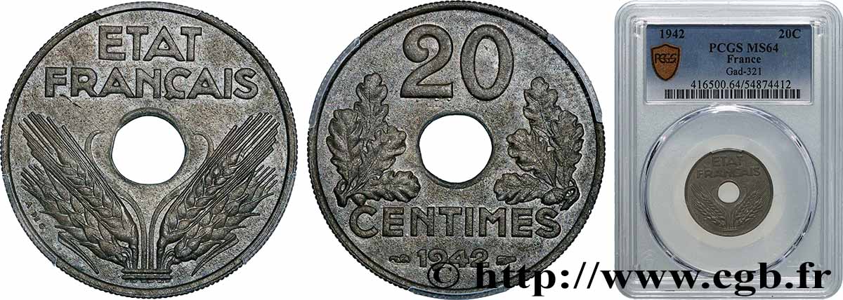 20 centimes État français 1942  F.153/4 SPL64 PCGS