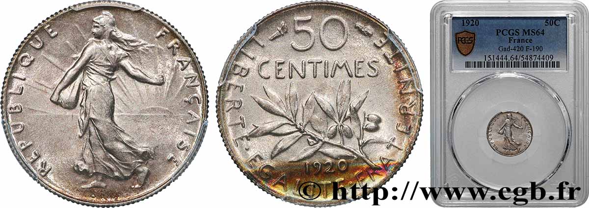 50 centimes Semeuse 1920 Paris F.190/27 SPL64 PCGS