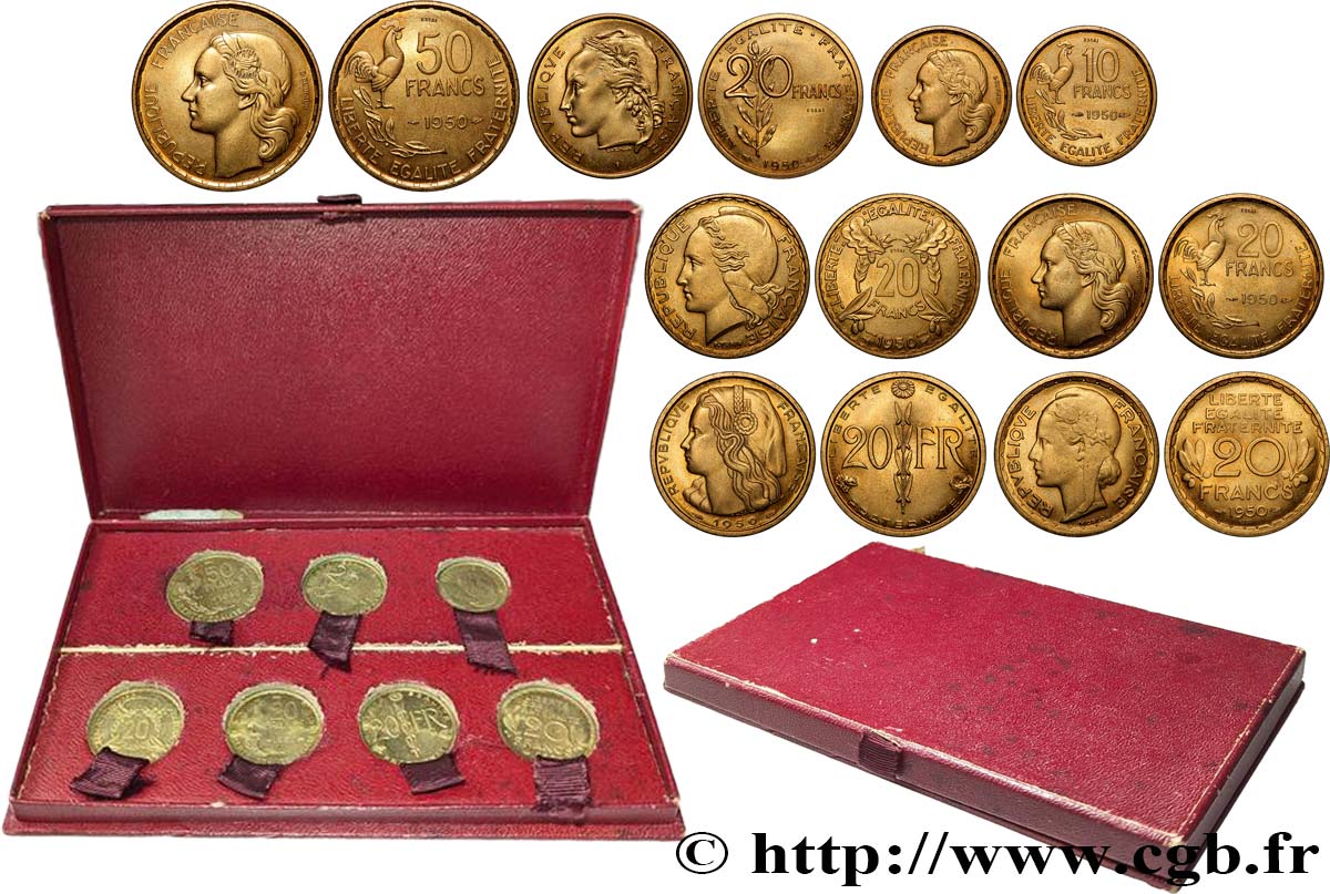 Boîte rouge contenant sept essais : les essais de 50 francs, 20 francs et 10 francs Guiraud + quatre essais du concours de 20 francs 1950 Paris GEM.210 3 SPL/FDC 