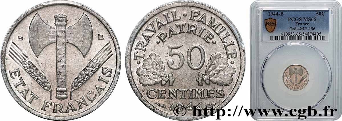 50 centimes Francisque, légère 1944 Beaumont-Le-Roger F.196/5 MS65 PCGS