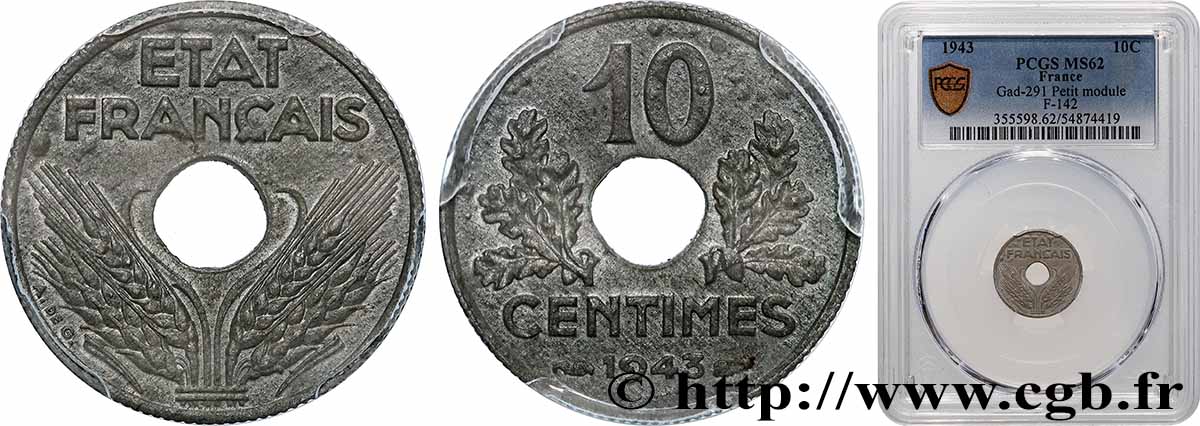 10 centimes État français, petit module 1943  F.142/2 MS62 PCGS