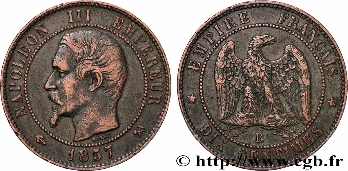 Dix centimes Napoléon III, tête nue 1857 Rouen F.133/42 TTB 