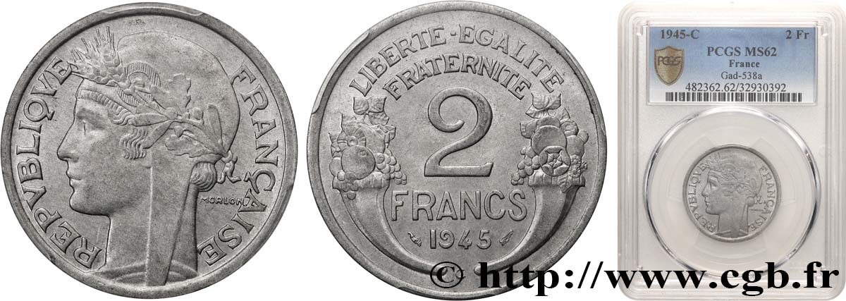 2 francs Morlon, aluminium 1945 Castelsarrasin F.269/7 MS62 PCGS