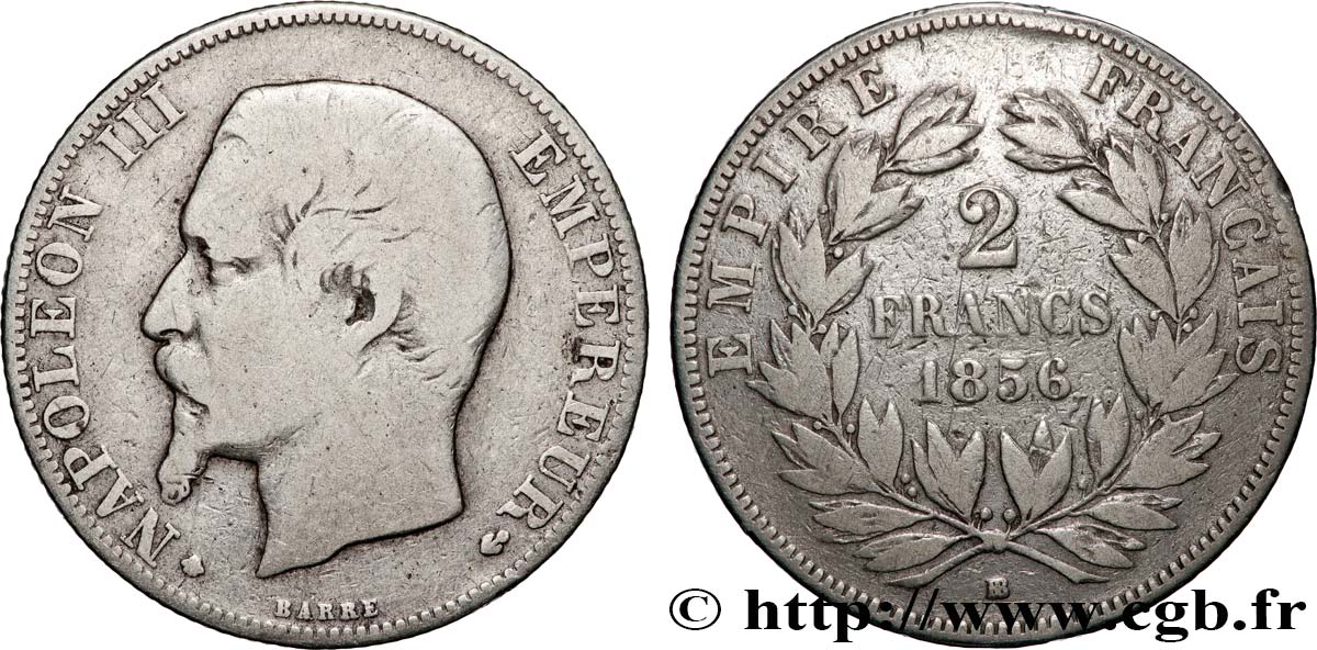 2 francs Napoléon III, tête nue, petit BB 1856 Strasbourg F.262/7 TB 