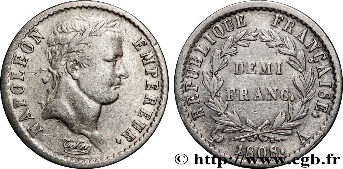 Demi-franc Napoléon Ier tête laurée, République française 1808 Paris F.177/2 VF 