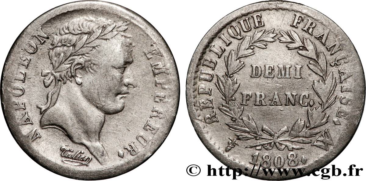 Demi-franc Napoléon Ier tête laurée, République française 1808 Lille F.177/16 TB+ 