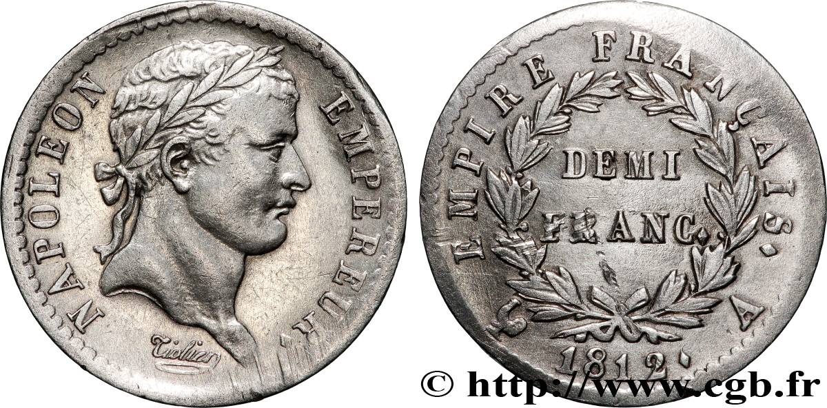Demi-franc Napoléon Ier tête laurée, Empire français 1812 Paris F.178/35 XF 