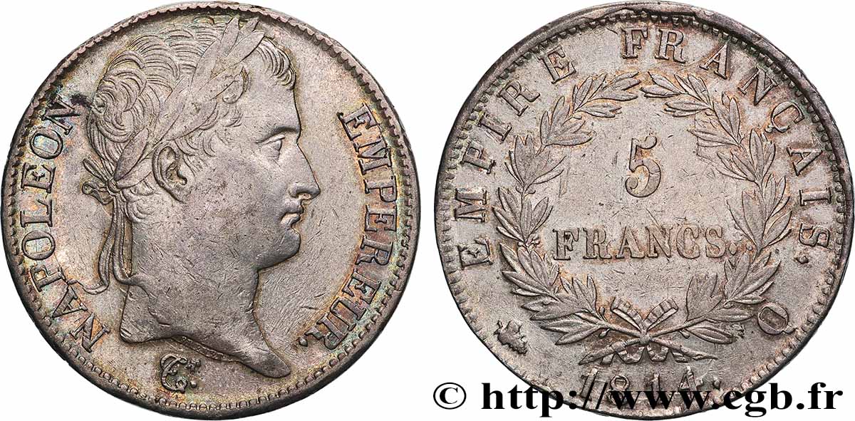 5 francs Napoléon Empereur, Empire français 1814 Perpignan F.307/84 XF 