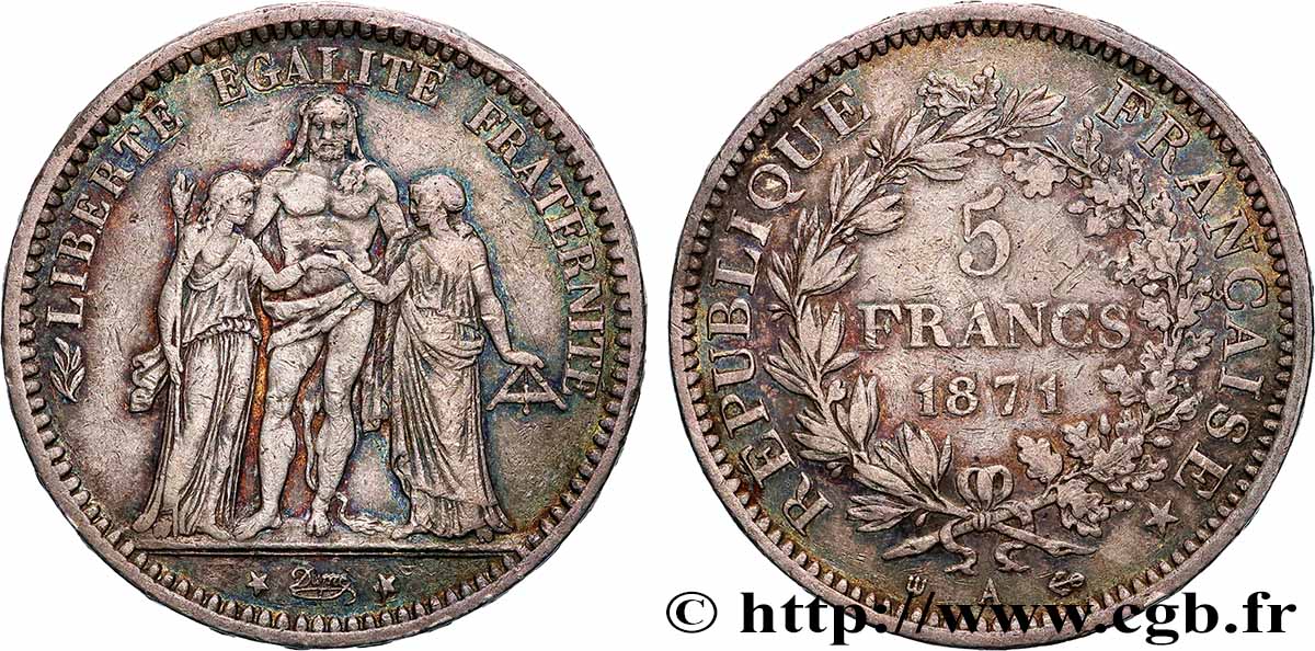 5 francs Hercule, dite “Camélinat” 1871 Paris F.334/4 VF 