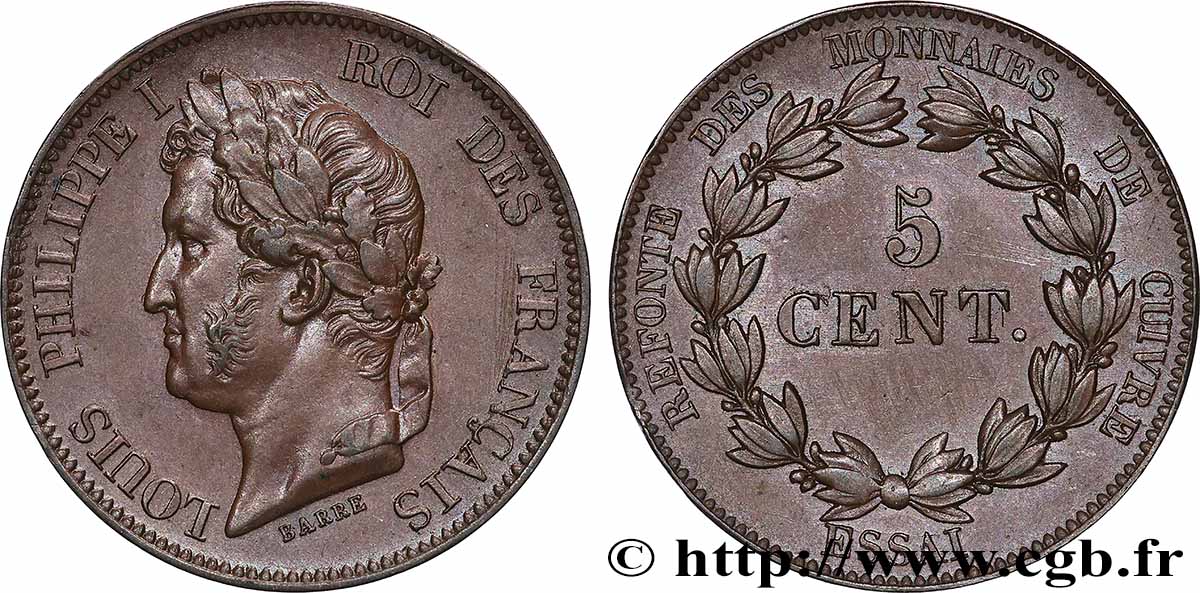 Essai de 5 centimes en bronze, signature BARRE  1840  VG.2917  AU 