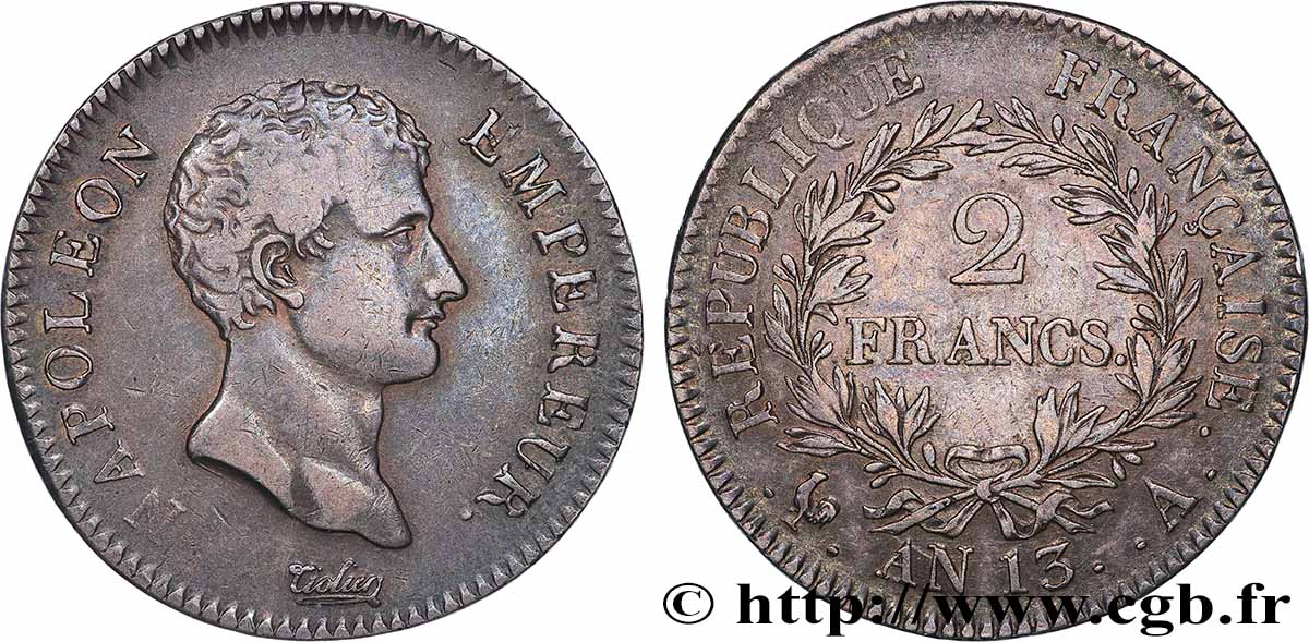 2 francs Napoléon Empereur, Calendrier révolutionnaire 1805 Paris F.251/12 TB+ 