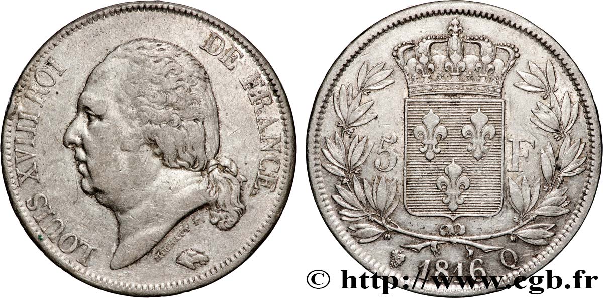 5 francs Louis XVIII, tête nue 1816 Perpignan F.309/11 VF 