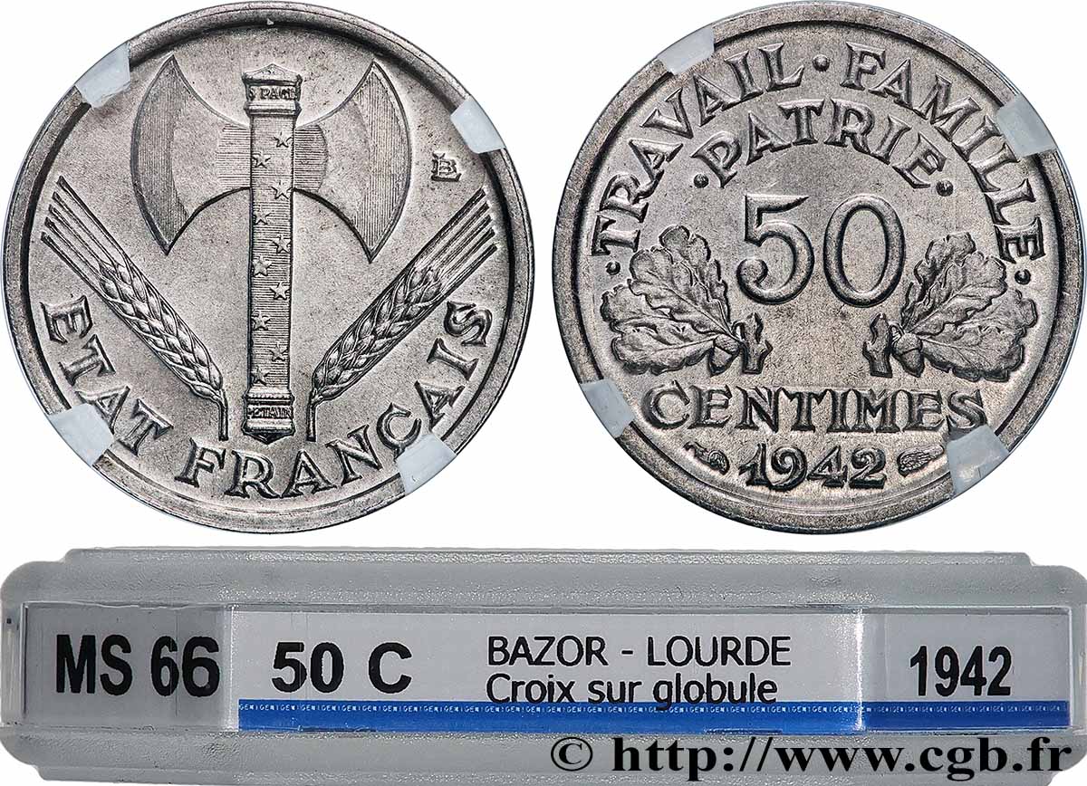 50 centimes Francisque, lourde, premiers exemplaires avec les CROIX 1942 Paris F.195/2 MS66 GENI