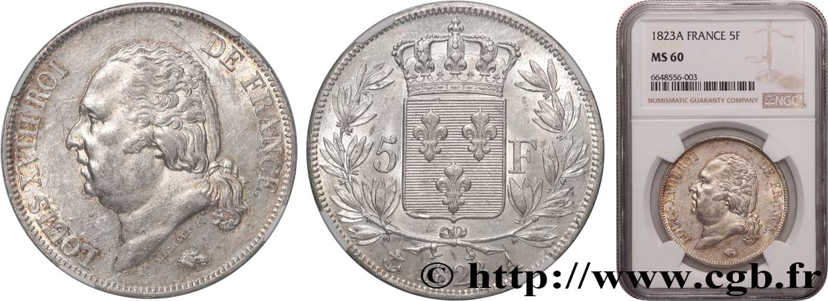 5 francs Louis XVIII, tête nue 1823 Paris F.309/76 SUP60 NGC