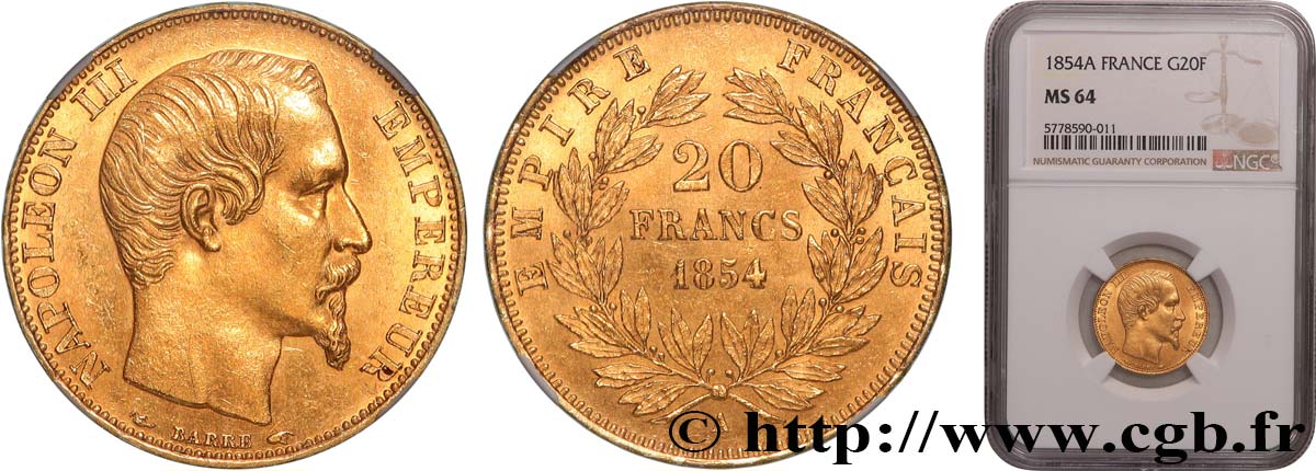 20 francs or Napoléon III, tête nue 1854 Paris F.531/2 fST64 NGC