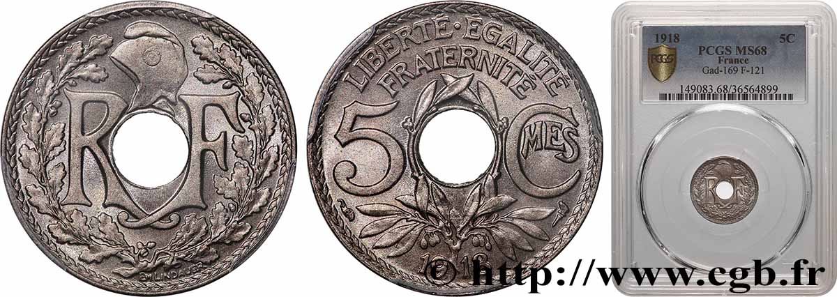 5 centimes Lindauer, grand module 1918 Paris F.121/2 MS68 PCGS