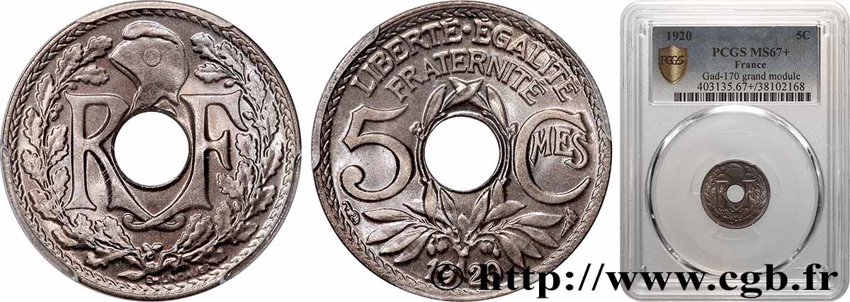 5 centimes Lindauer, grand module 1920  F.121/4 MS67 PCGS