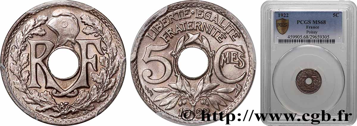 5 centimes Lindauer, petit module 1922 Poissy F.122/5 MS68 PCGS