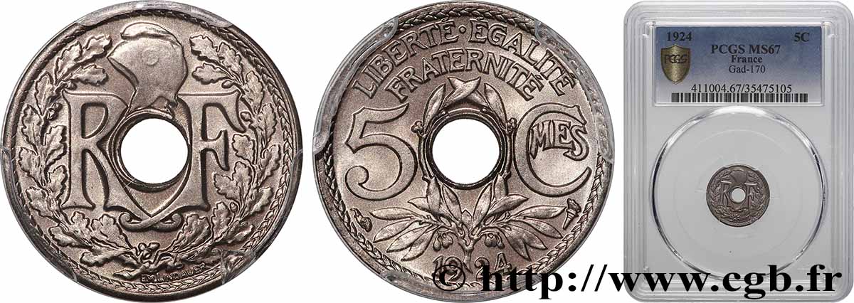 5 centimes Lindauer, petit module 1924  F.122/8 MS67 PCGS