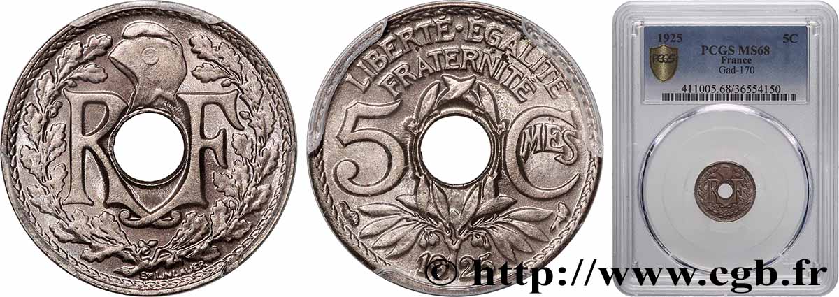 5 centimes Lindauer, petit module 1925 Paris F.122/10 MS68 PCGS