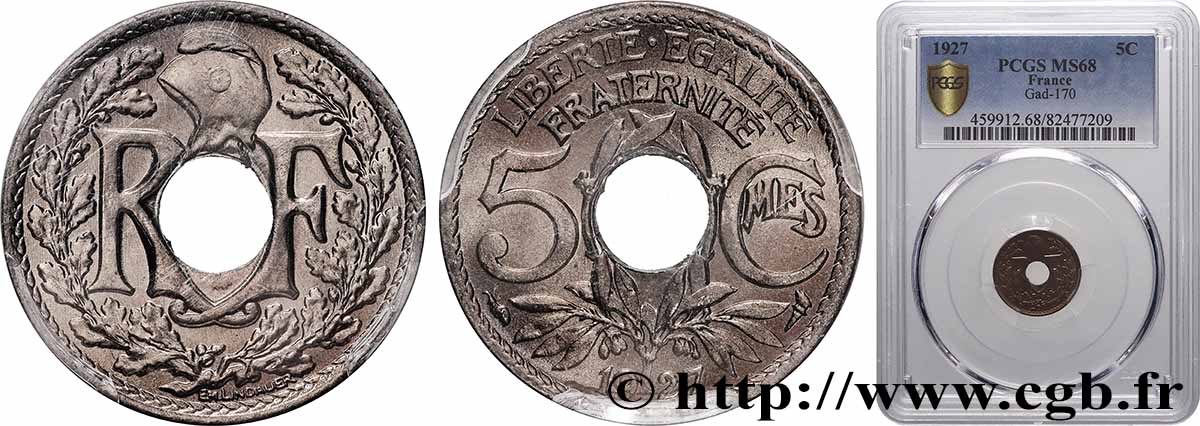 5 centimes Lindauer, petit module 1927  F.122/12 MS68 PCGS