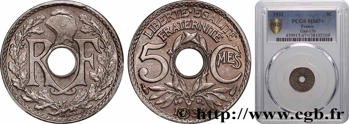 5 centimes Lindauer, petit module 1932 Paris F.122/15 MS67 PCGS