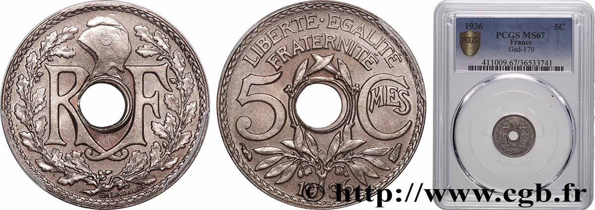 5 centimes Lindauer, petit module 1936  F.122/19 FDC67 PCGS