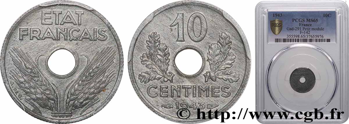 10 centimes État français, petit module 1943  F.142/2 MS65 PCGS