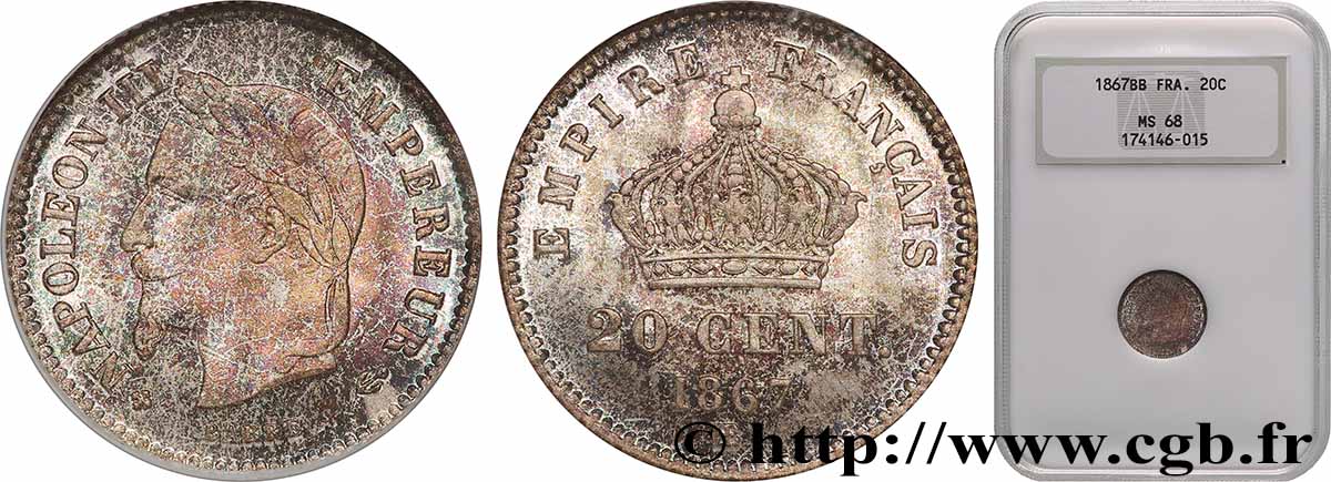 20 centimes Napoléon III, tête laurée, grand module 1867 Strasbourg F.150/2 FDC68 NGC