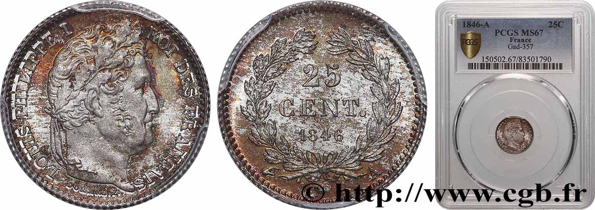 25 centimes Louis-Philippe 1846 Paris F.167/5 MS67 PCGS