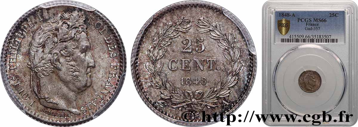 25 centimes Louis-Philippe 1848 Paris F.167/12 FDC66 PCGS