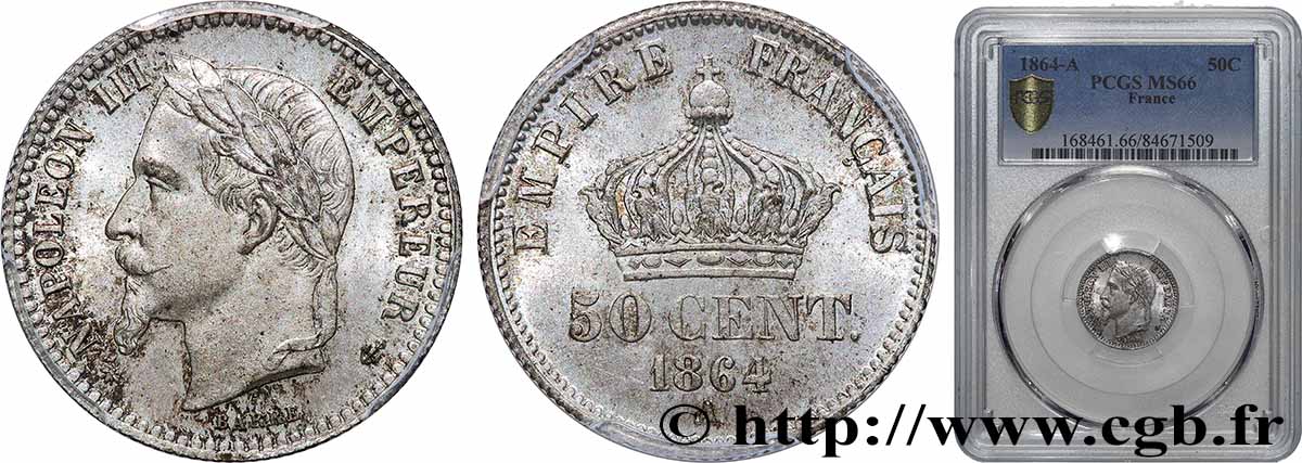 50 centimes Napoléon III, tête laurée 1864 Paris F.188/2 MS66 PCGS