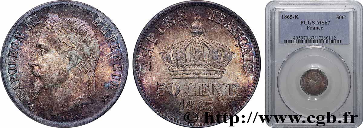 50 centimes Napoléon III, tête laurée 1865 Bordeaux F.188/8 MS67 PCGS