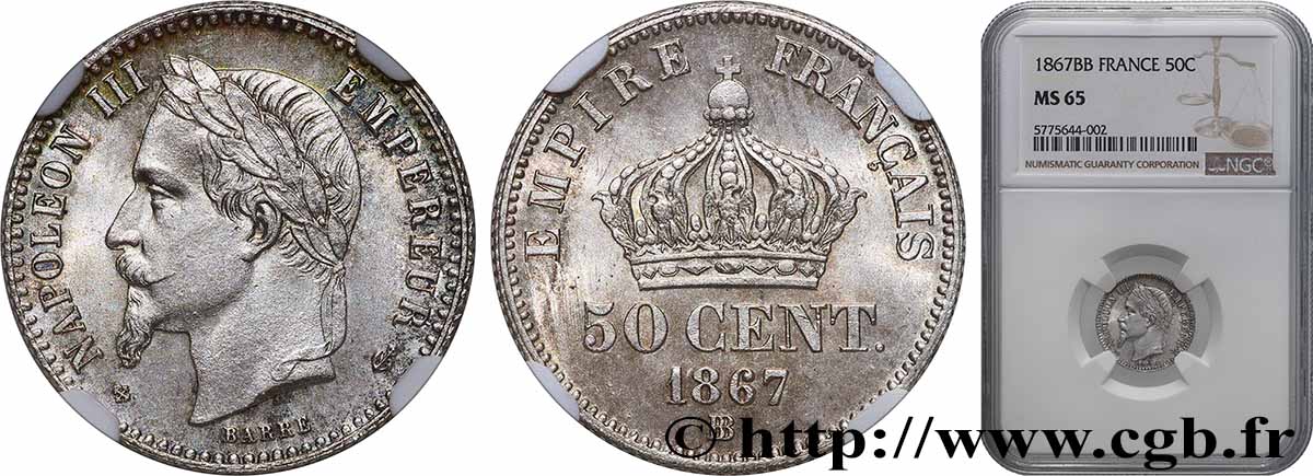 50 centimes Napoléon III, tête laurée 1867 Strasbourg F.188/16 FDC65 NGC