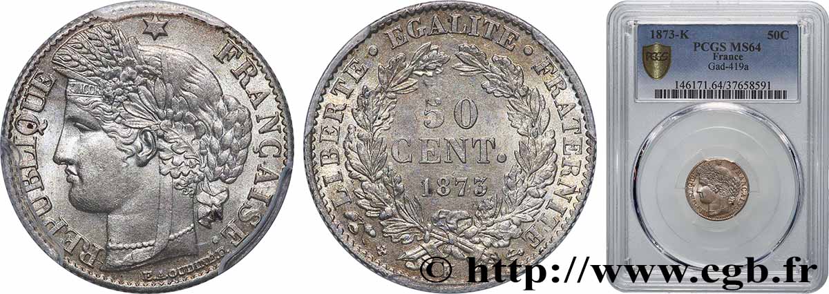 50 centimes Cérès, IIIe République 1873 Bordeaux F.189/6 MS64 PCGS
