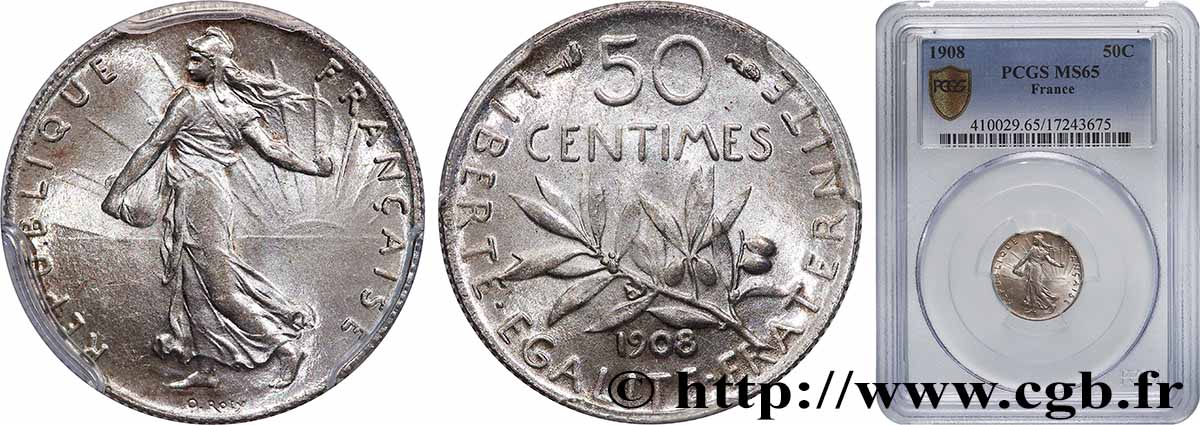 50 centimes Semeuse 1908 Paris F.190/15 MS65 PCGS