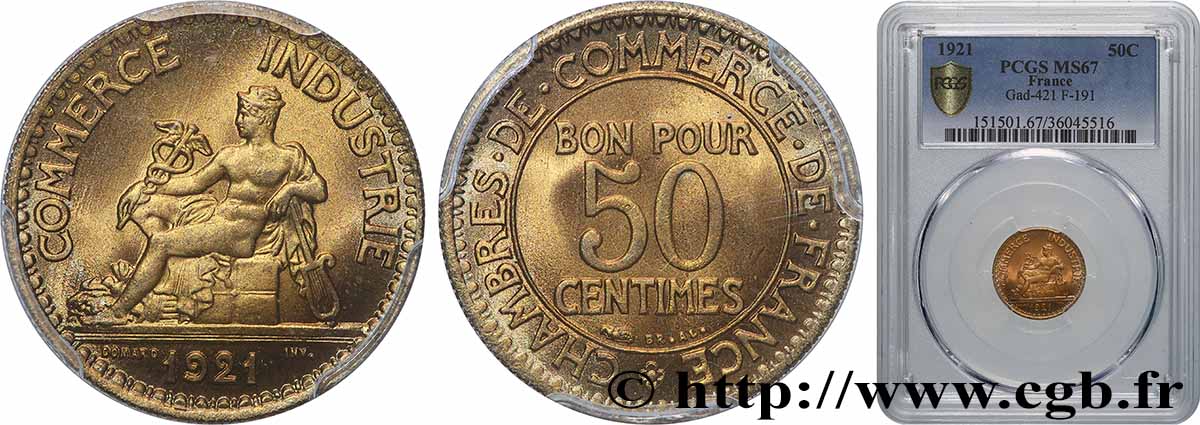 50 centimes Chambres de Commerce 1921 Paris F.191/3 MS67 PCGS