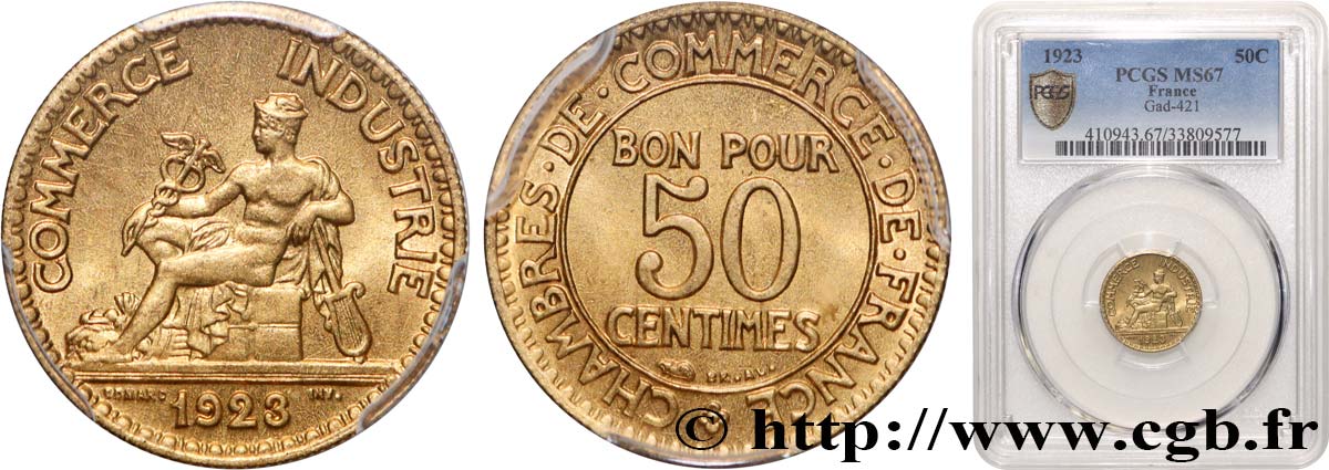 50 centimes Chambres de Commerce 1923 Paris F.191/5 MS67 PCGS