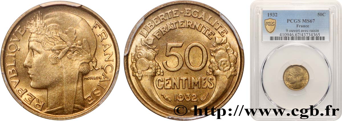 50 centimes Morlon, avec raisin, 9 et 2 ouverts 1932  F.192/7 MS67 PCGS