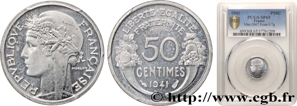 Essai de 50 centimes Morlon, légère 1941 Paris F.194/1 MS65 PCGS