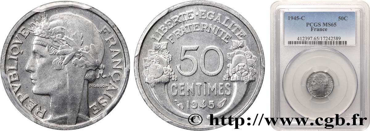 50 centimes Morlon, légère 1945 Castelsarrasin F.194/7 MS65 PCGS