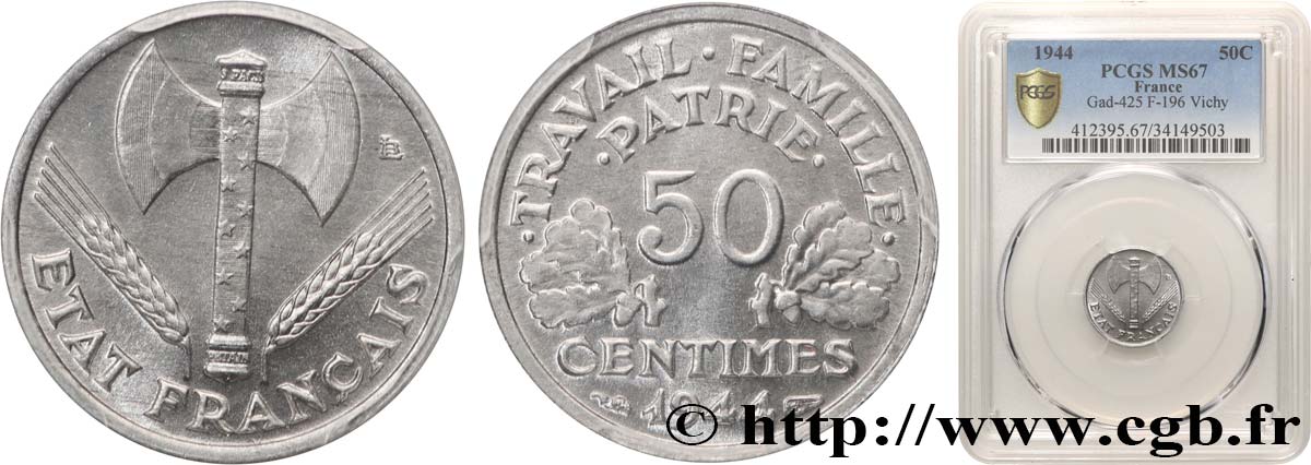 50 centimes Francisque, légère 1944  F.196/4 MS67 PCGS