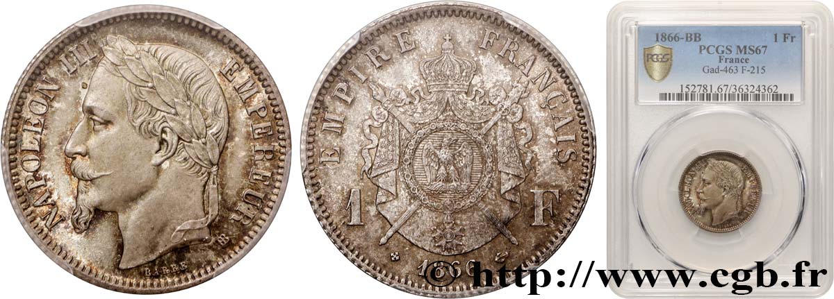 1 franc Napoléon III, tête laurée 1866 Strasbourg F.215/4 MS67 PCGS
