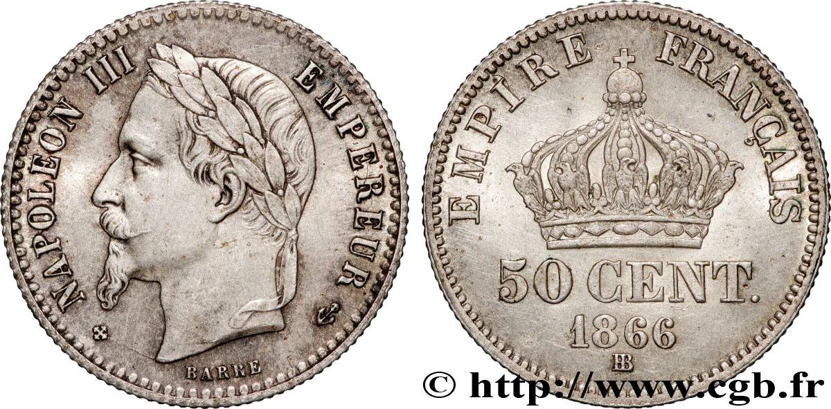 50 centimes Napoléon III, tête laurée 1866 Strasbourg F.188/10 MS 
