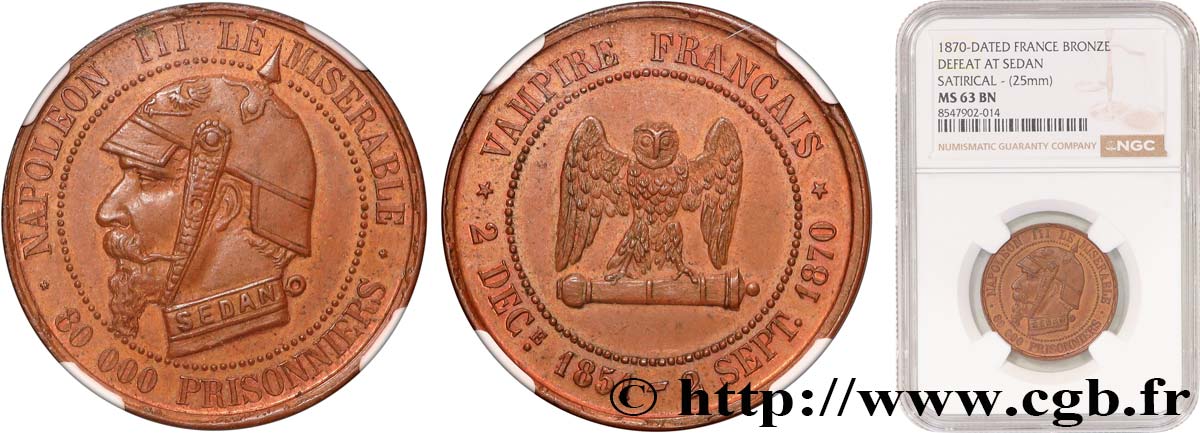 Médaille satirique Cu 27, type E “Chouette penchée” 1870  Schw.E2b  MS63 NGC