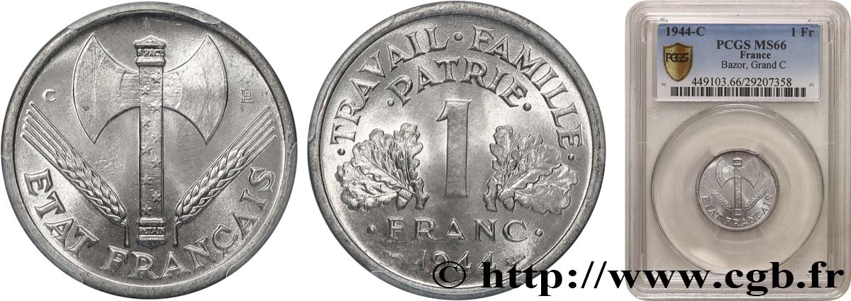 1 franc Francisque, légère 1944 Castelsarrasin F.223/7 MS66 PCGS