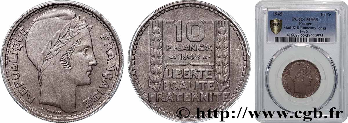 10 francs Turin, grosse tête, rameaux longs 1945  F.361/2 MS65 PCGS
